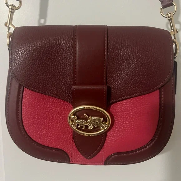 Coach Georgie Saddle Gold/Cherry Multi Colorblock Flap Crossbody - Picture 1 of 7